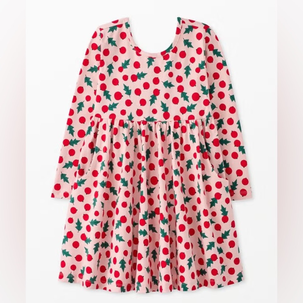 NWT Hanna‎ Andersson Holiday LS Skater Dress, Snowberries Pink, Size 110 (US 5)